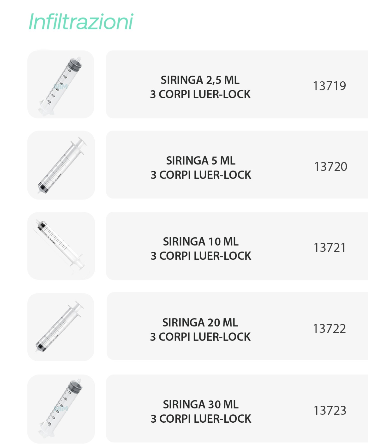 Consumabili per infiltrazioni, siringhe Luer-Lock 3 corpi da 2,5 a 30 ml