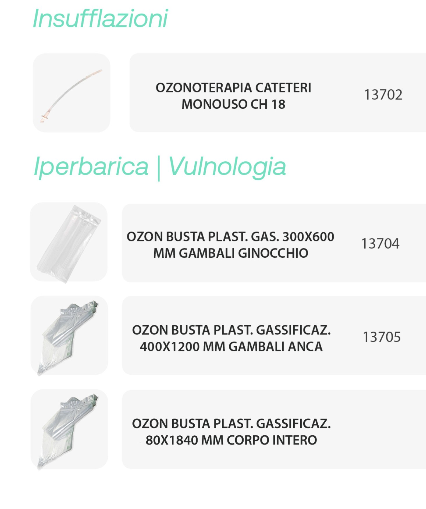 Consumabili per insufflazioni e vulnologia iperbarica: cateteri e buste per gassificazione