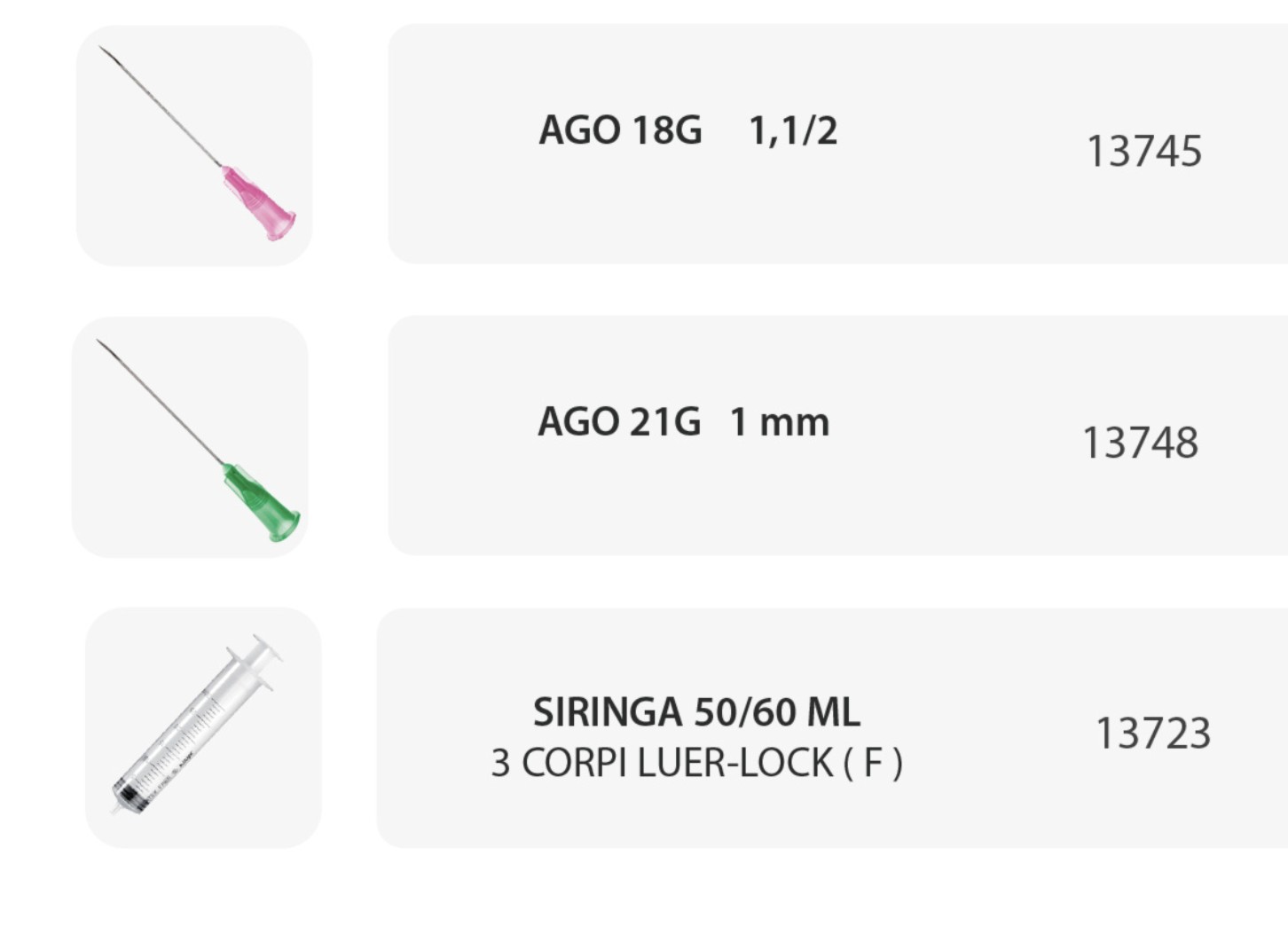 Soluzione salina, aghi 18G/21G e siringa Luer-Lock 50/60 ml